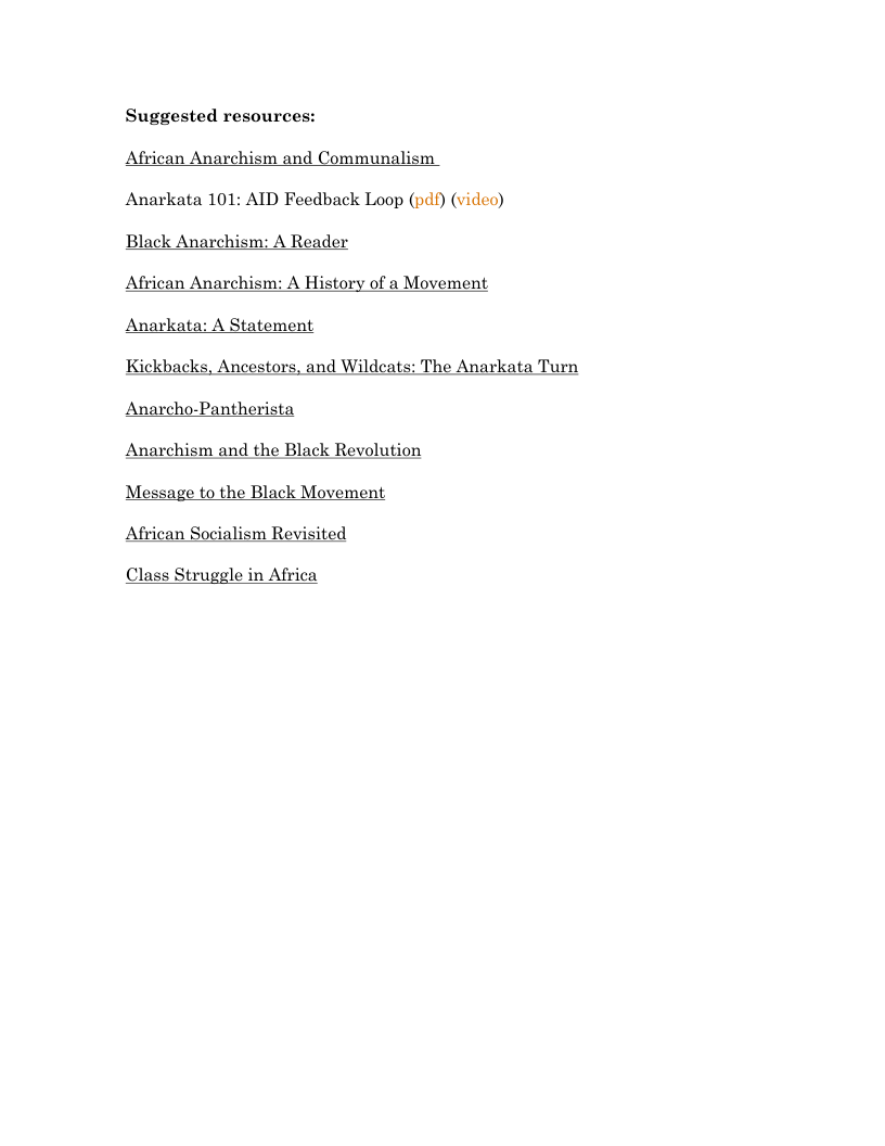 Suggested resources: African Anarchism and Communalism Anarkata 101: AID Feedback Loop (pdl) (video) Black Anarchism: A Reader African Anarchism: A History of a Movement Anarkata: A Statement Kickbacks, Ancestors, and Wildcats: The Anarkata Turn Anarcho-Pantherista Anarchism and the Black Revolution Message to the Black Movement African Socialism Revisited Class Struggle in Africa